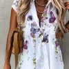 Clothing Azzlee Blouse & Shirts | Butterfly Printed Lapel Buttons Short Sleeve Blouse White