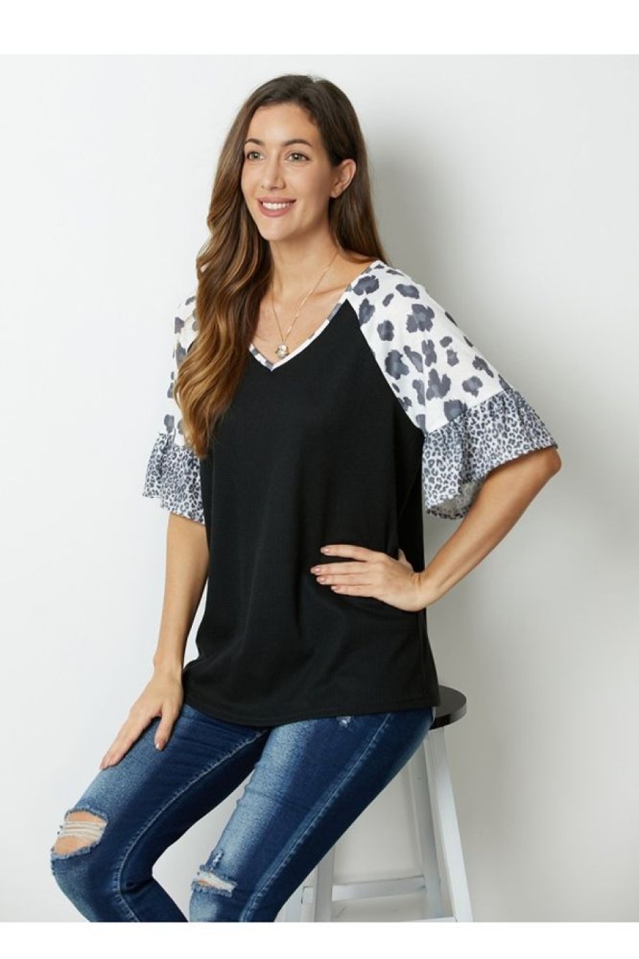 Clothing Azzlee Blouse & Shirts | Leopard Print Patchwork V-Neck Half Sleeve Blouse Black