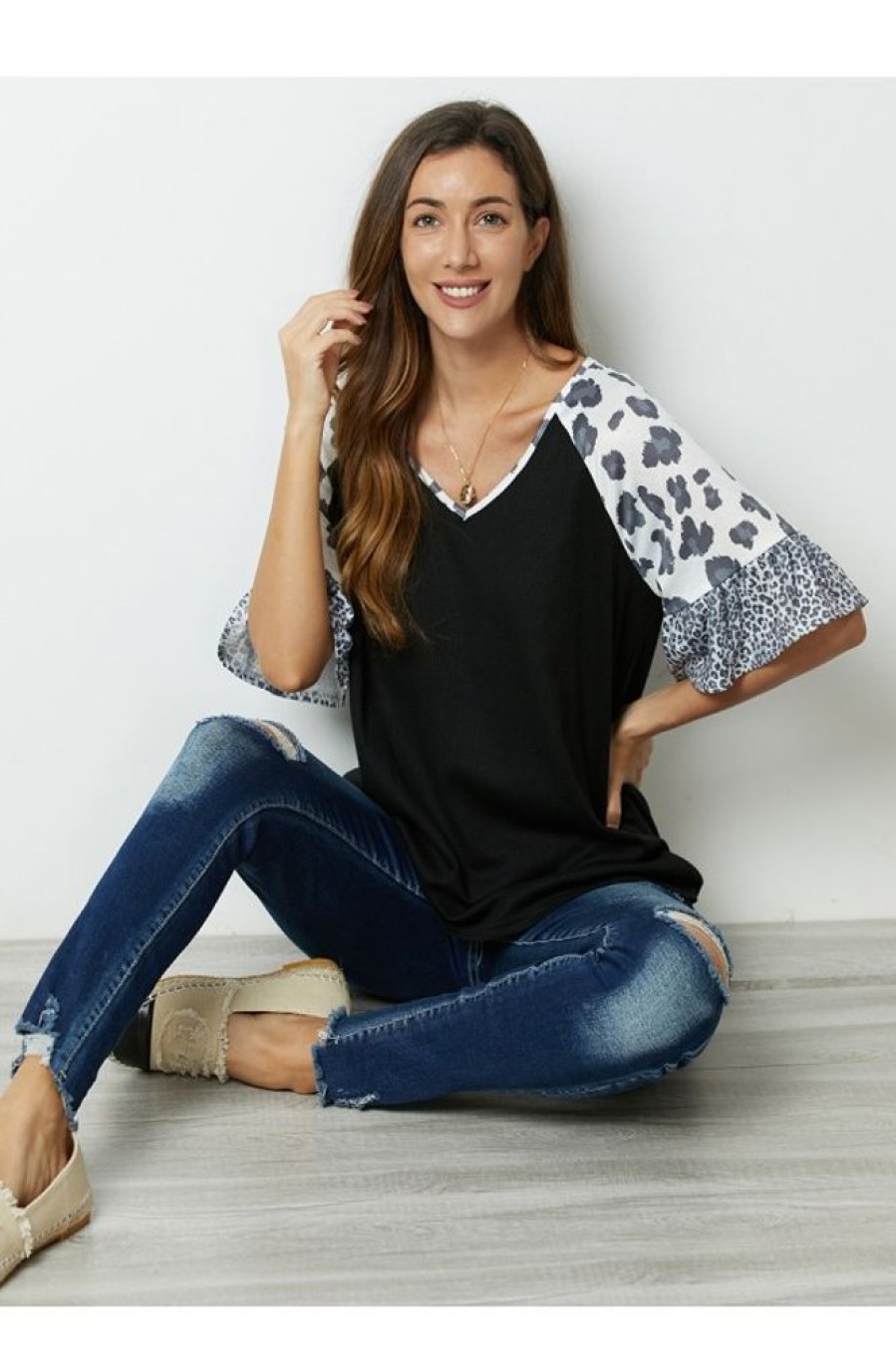 Clothing Azzlee Blouse & Shirts | Leopard Print Patchwork V-Neck Half Sleeve Blouse Black