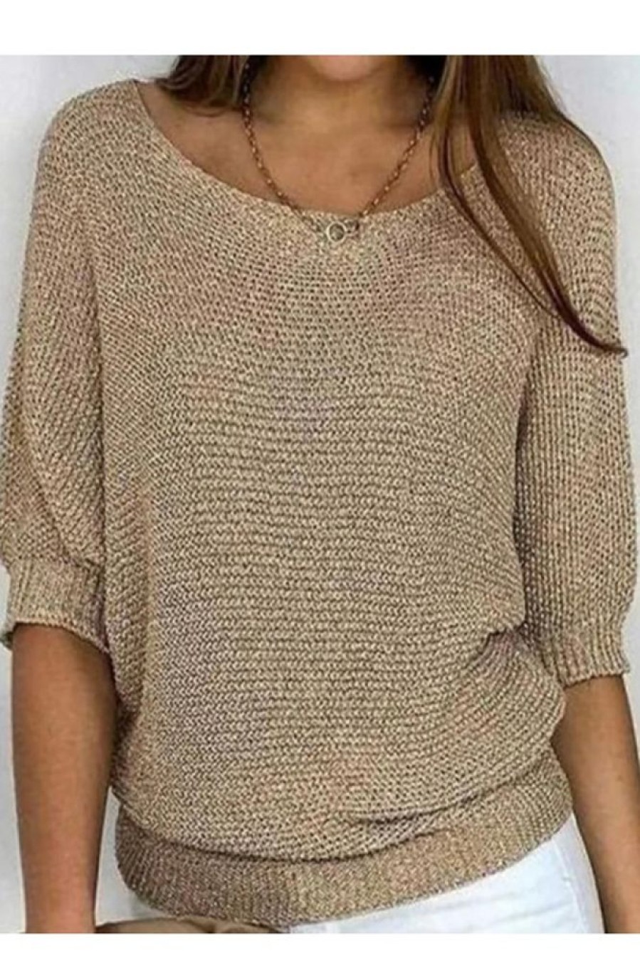 Clothing Azzlee Sweater & Cardigans | Casual Round Neck Solid Half Sleeve Sweater Gold