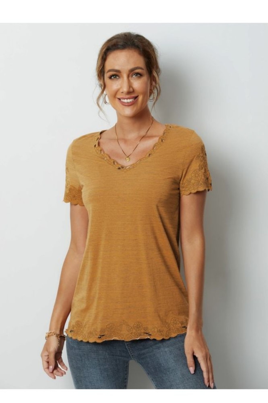 Clothing Azzlee Blouse & Shirts | Solid Embroidery V-Neck Short Sleeve T-Shirts