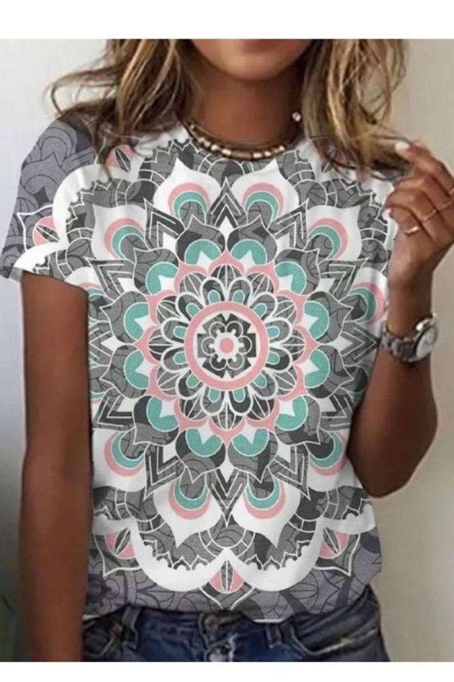 Clothing Azzlee T-Shirts | Casual Graphic Tops Round Neck Short Sleeve Geometric Printed T-Shirt Multicolor