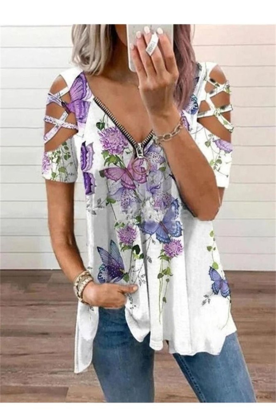 Clothing Azzlee Blouse & Shirts | Casual Graphic Tops V Neck Floral Printed Short Sleeve Blouse White