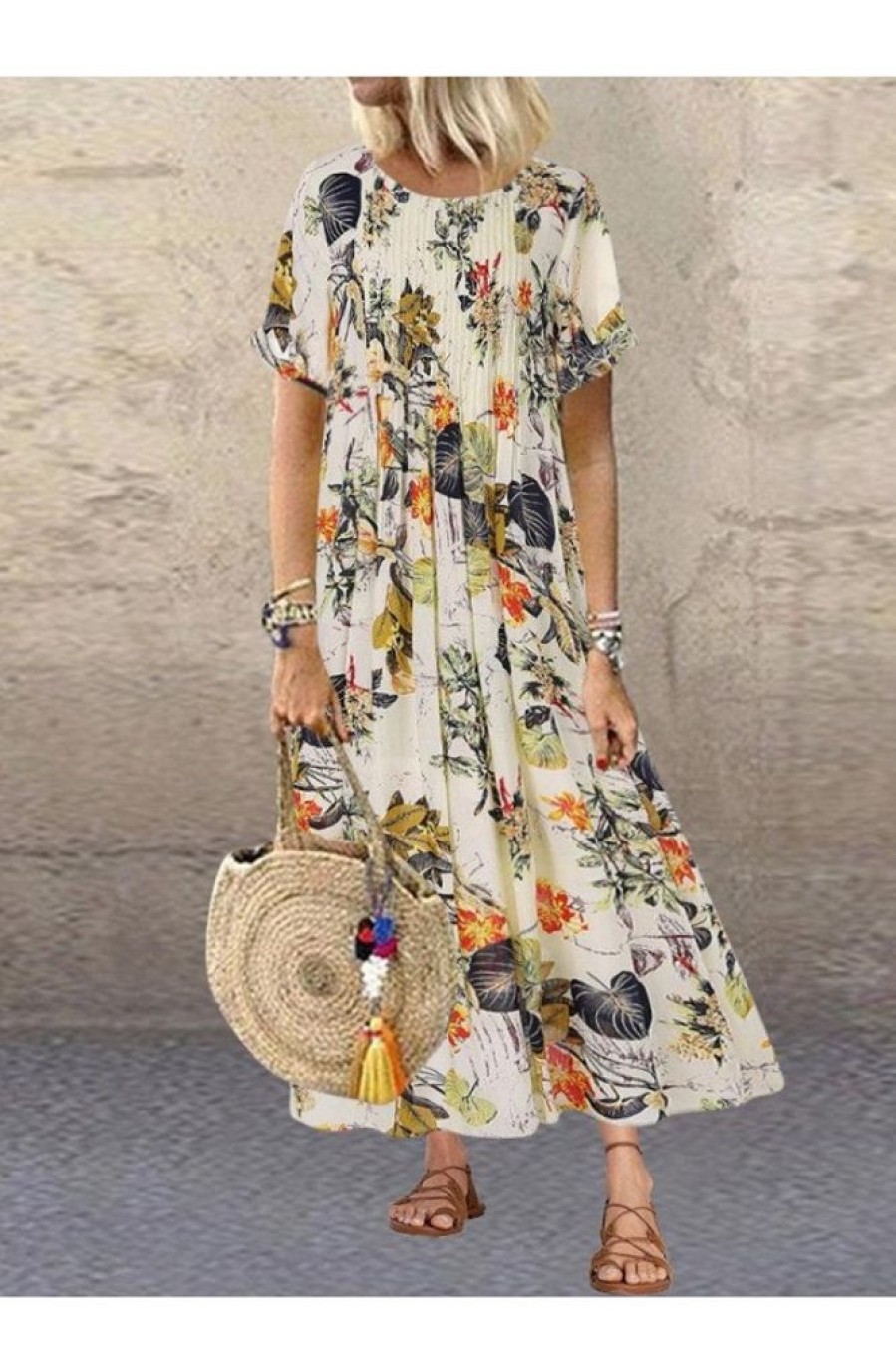 Clothing Azzlee Maxi Dresses | Floral Printed Casual Round Neck Short Sleeve Maxi Dress