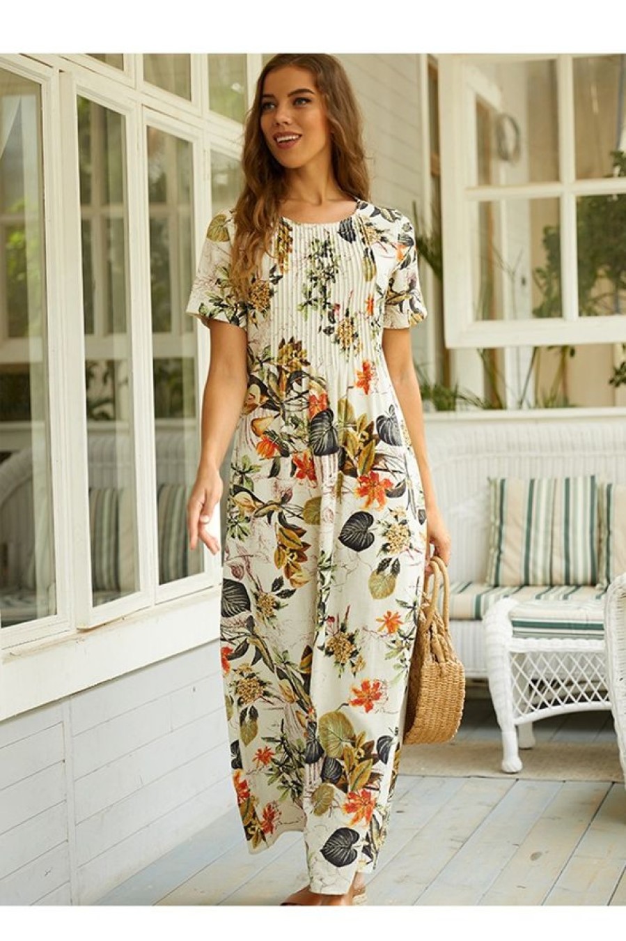 Clothing Azzlee Maxi Dresses | Floral Printed Casual Round Neck Short Sleeve Maxi Dress