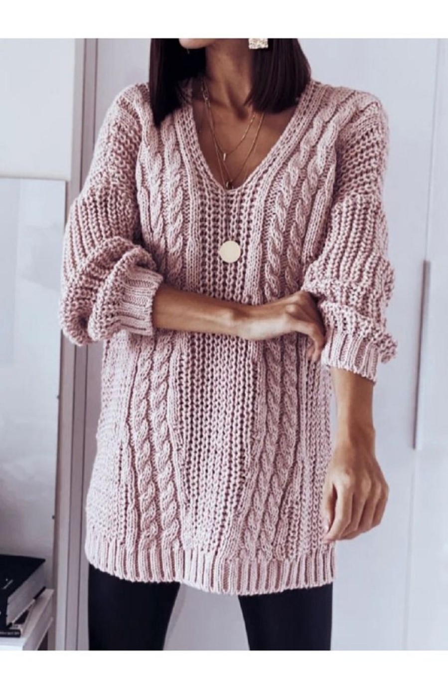 Clothing Azzlee Sweater & Cardigans | Casual V Neck Solid Long Sleeve Sweater Pink