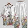 Clothing Azzlee | Casual Round Neck Floral Printed Half Sleeve Two Piece Sets White