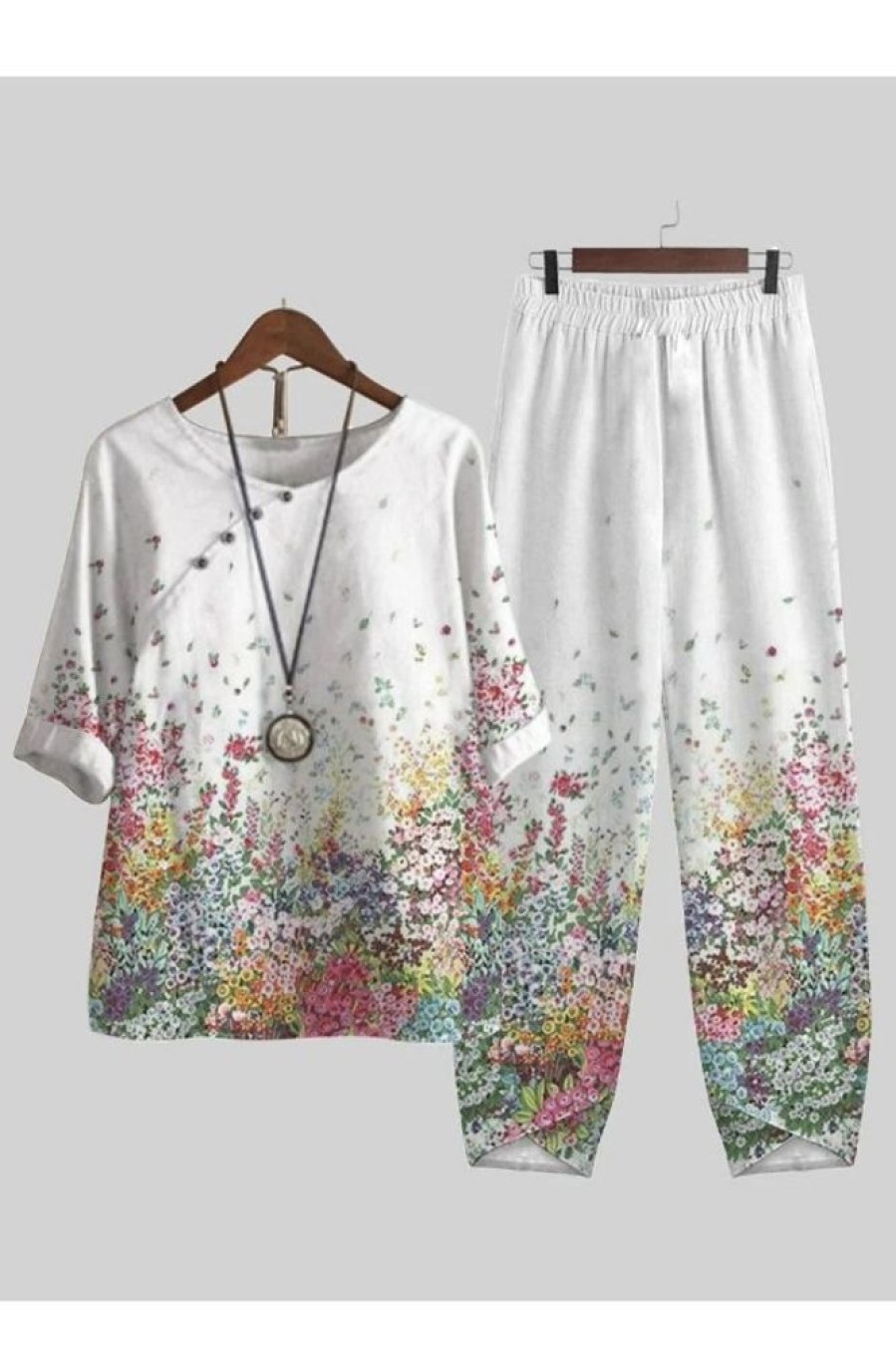 Clothing Azzlee | Casual Round Neck Floral Printed Half Sleeve Two Piece Sets White