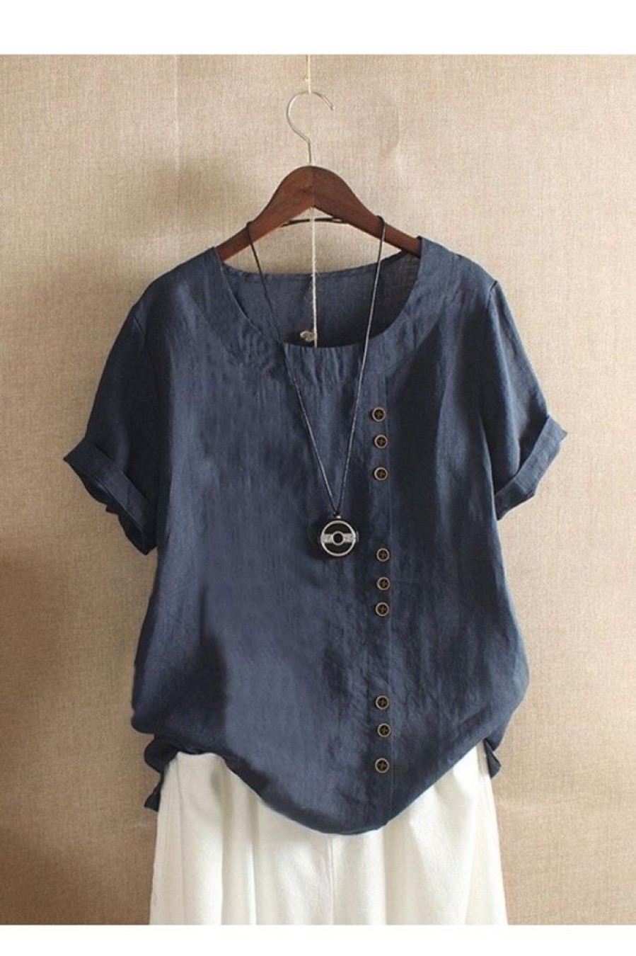 Clothing Azzlee T-Shirts | Solid Color Short Sleeve Round Neck Buttons Blouse