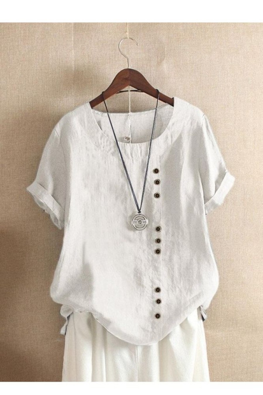 Clothing Azzlee T-Shirts | Solid Color Short Sleeve Round Neck Buttons Blouse