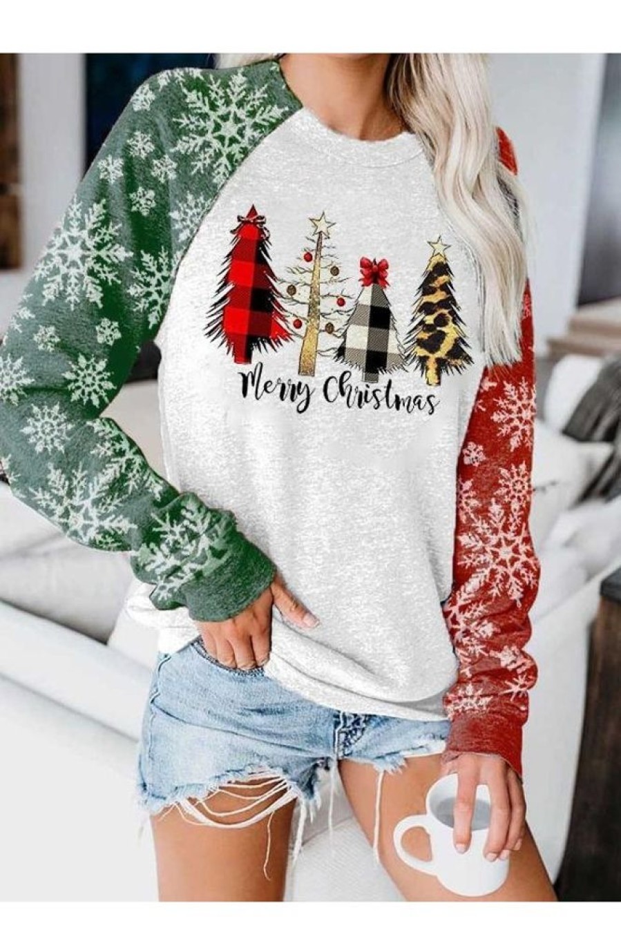 Clothing Azzlee Sweatshirt & Hoodies | Casual Graphic Tops Round Neck Long Sleeve Merry Christmas Printed Sweatshirts White