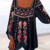 Clothing Azzlee Sweatshirt & Hoodies | Casual Graphic Tops Square Neck Floral Printed Long Sleeve Blouse Blue