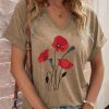 Clothing Azzlee Blouse & Shirts | Casual Graphic Tops V Neck Floral Printed Short Sleeve Blouse Khaki