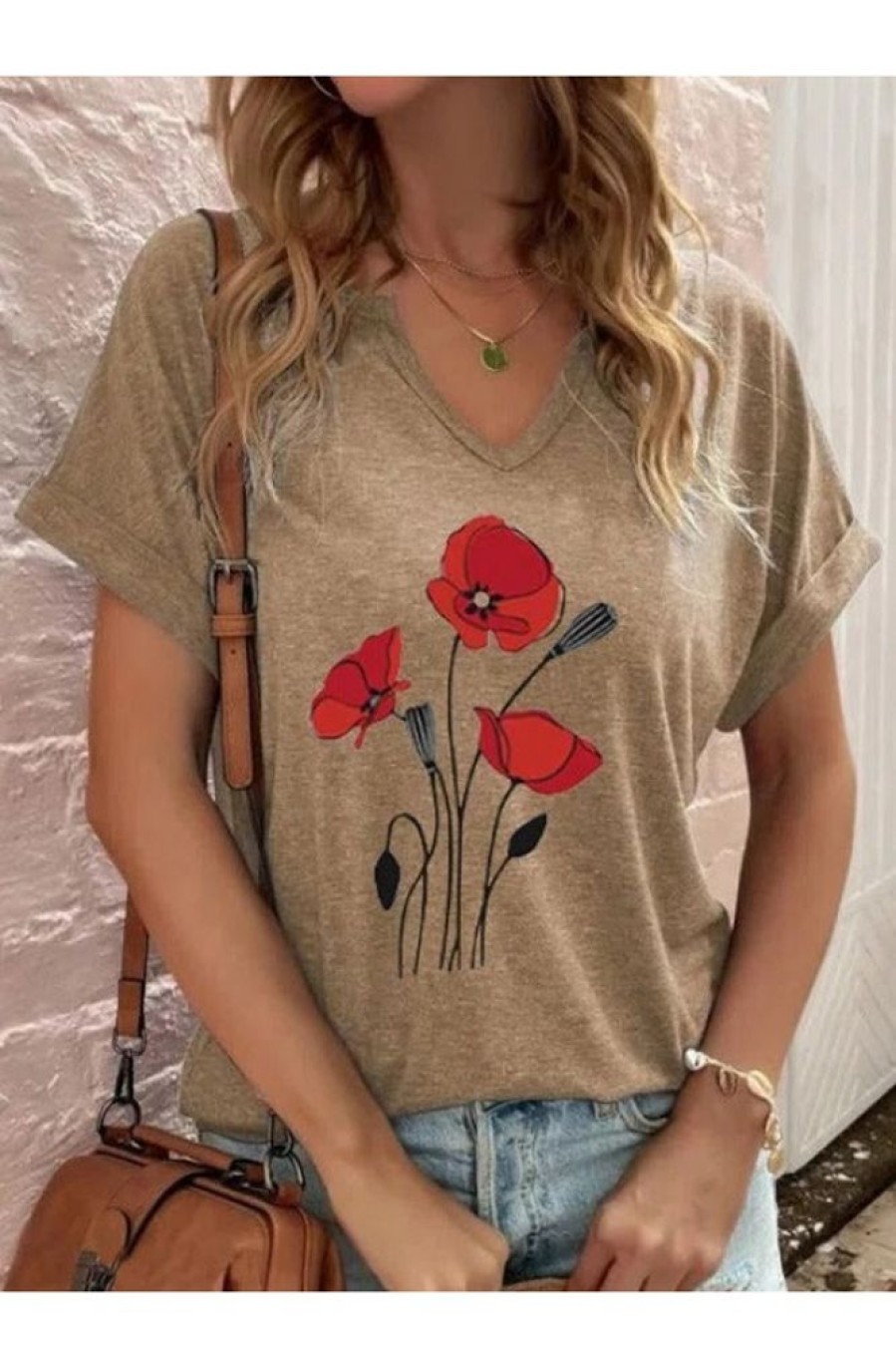 Clothing Azzlee Blouse & Shirts | Casual Graphic Tops V Neck Floral Printed Short Sleeve Blouse Khaki