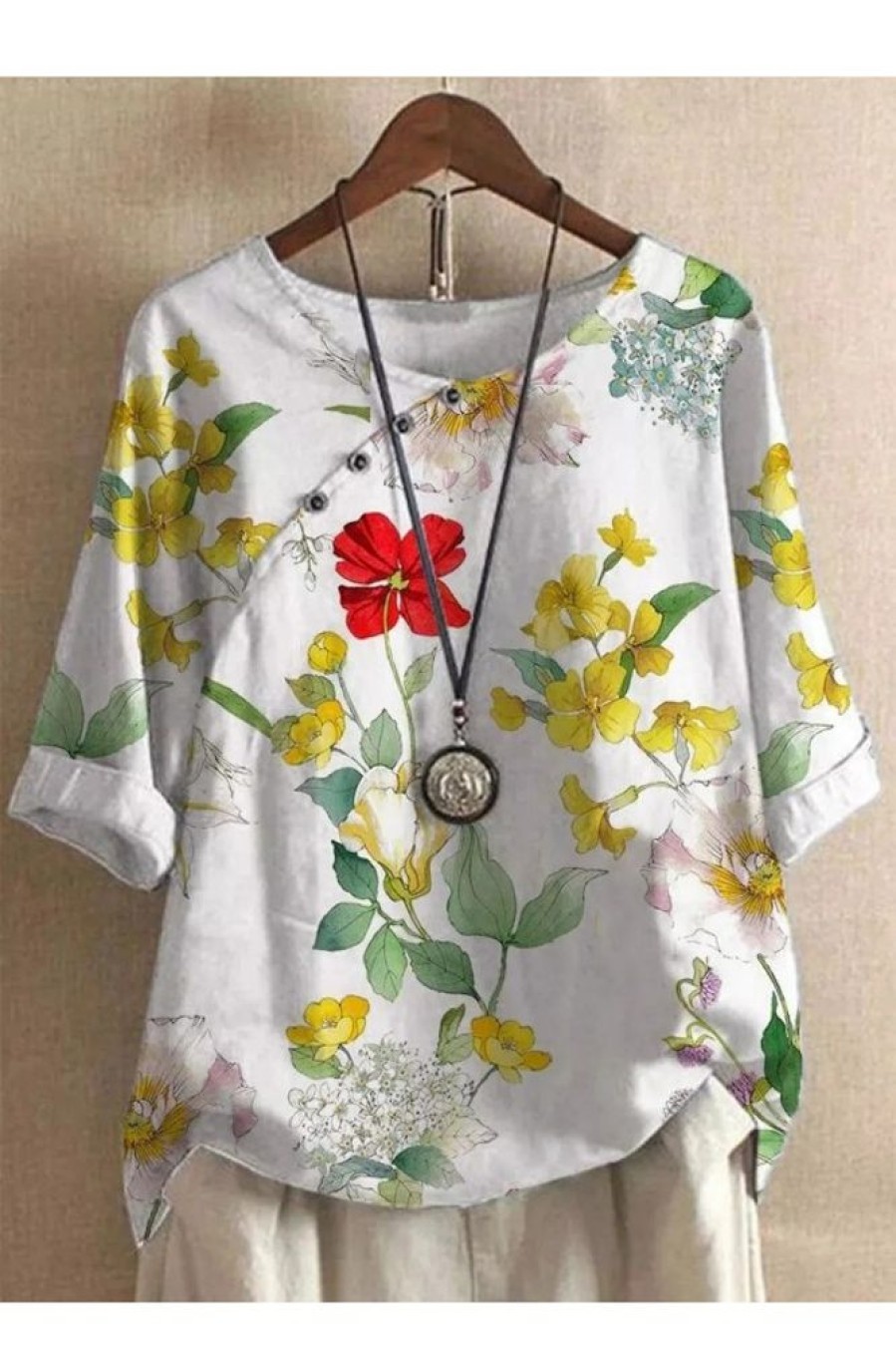 Clothing Azzlee Blouse & Shirts | Casual Graphic Tops Round Neck Half Sleeve Floral Printed Blouse White