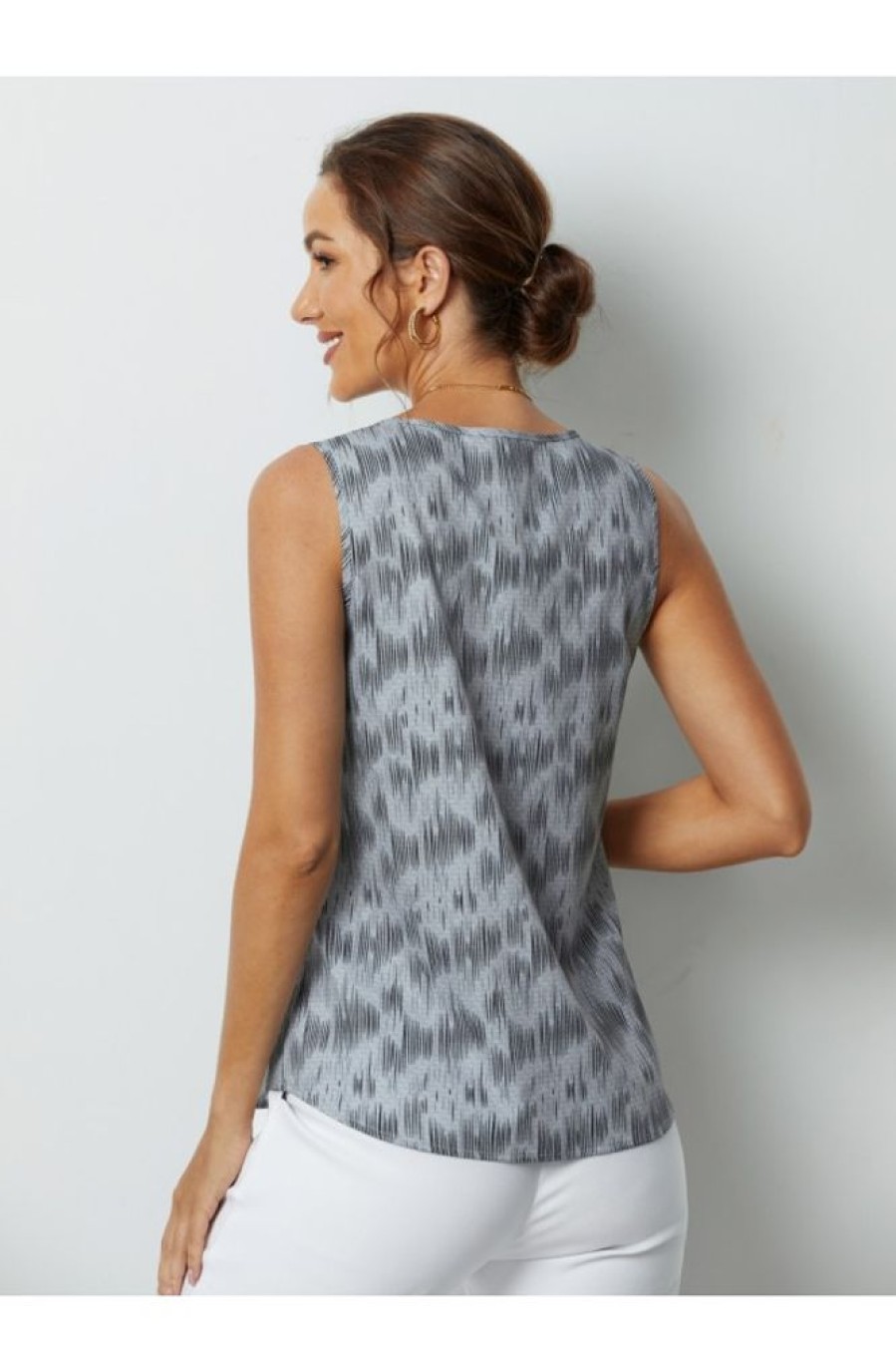 Clothing Azzlee Tanks | Gray Plain Buttons V-Neck Sleeveless Tank Grey