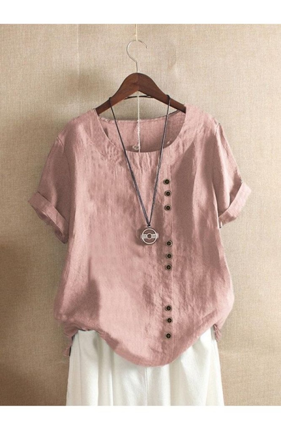 Clothing Azzlee T-Shirts | Short Sleeve Round Neck Summer T-Shirt With Button Pink