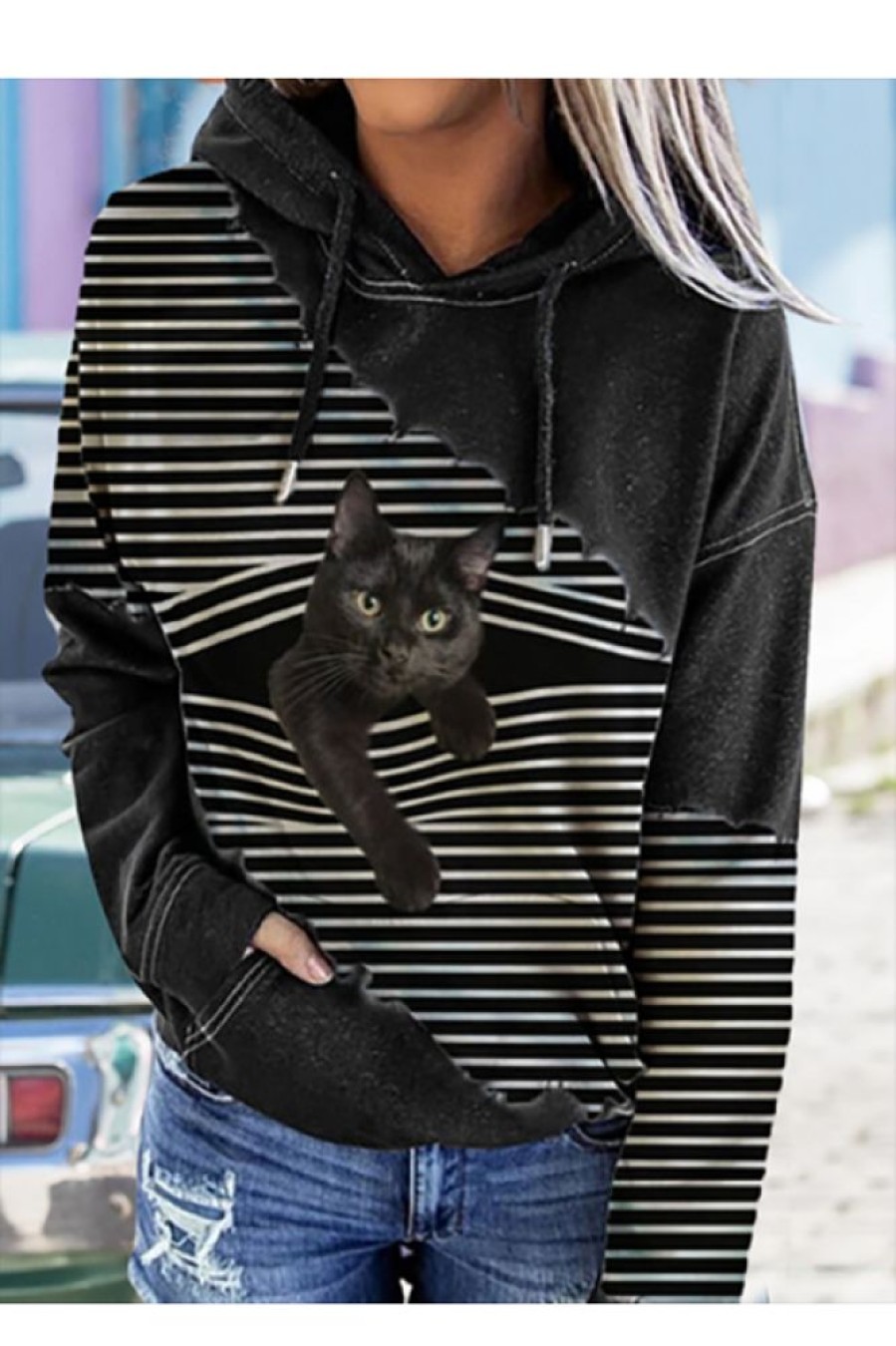 Clothing Azzlee Sweatshirt & Hoodies | Casual Long Sleeve Stripe Cat Printed Pullover Hoodies Black