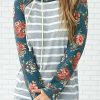 Clothing Azzlee Sweatshirt & Hoodies | Floral Stripe Splicing Casual Hoodie Sweatshirt Blue