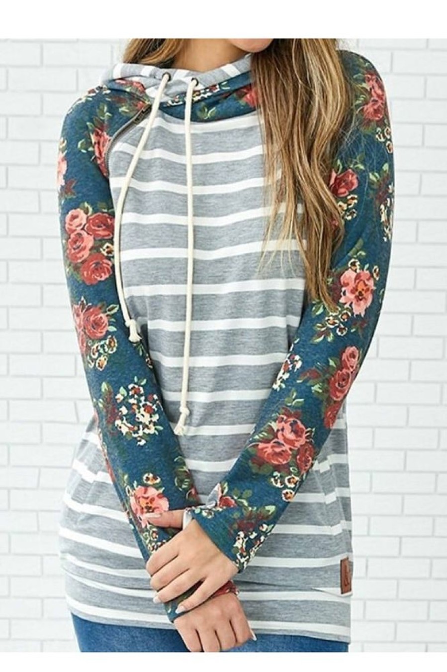 Clothing Azzlee Sweatshirt & Hoodies | Floral Stripe Splicing Casual Hoodie Sweatshirt Blue