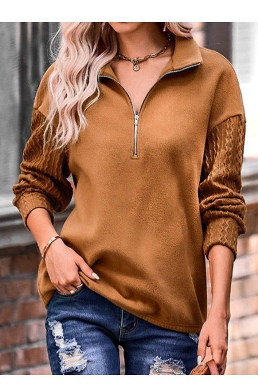 Clothing Azzlee Sweatshirt & Hoodies | Plain Casual Zipper Sweatshirt Brown