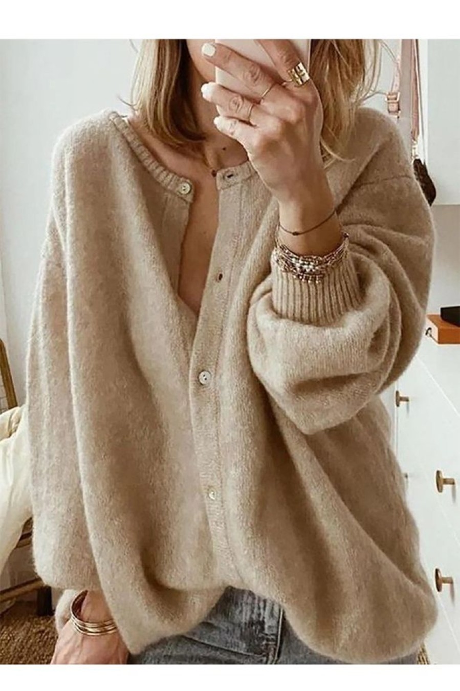 Clothing Azzlee Sweater & Cardigans | Casual Tops Round Neck Long Sleeve Solid Sweater Khaki