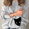 Clothing Azzlee Sweater & Cardigans | Casual Tops Round Neck Long Sleeve Cat Printed Sweater Gray