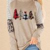 Clothing Azzlee Sweatshirt & Hoodies | Casual Graphic Tops Round Neck Long Sleeve Leopard Christmas Tree Printed Sweatshirt Khaki