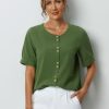 Clothing Azzlee Blouse & Shirts | Solid Buttons Short Sleeve Blouse Green