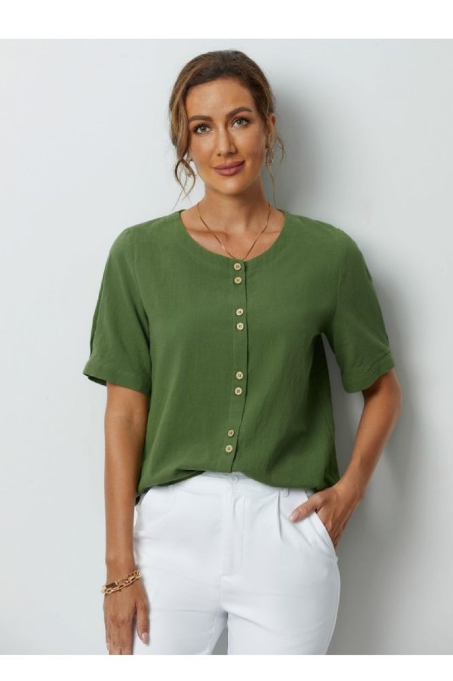 Clothing Azzlee Blouse & Shirts | Solid Buttons Short Sleeve Blouse Green