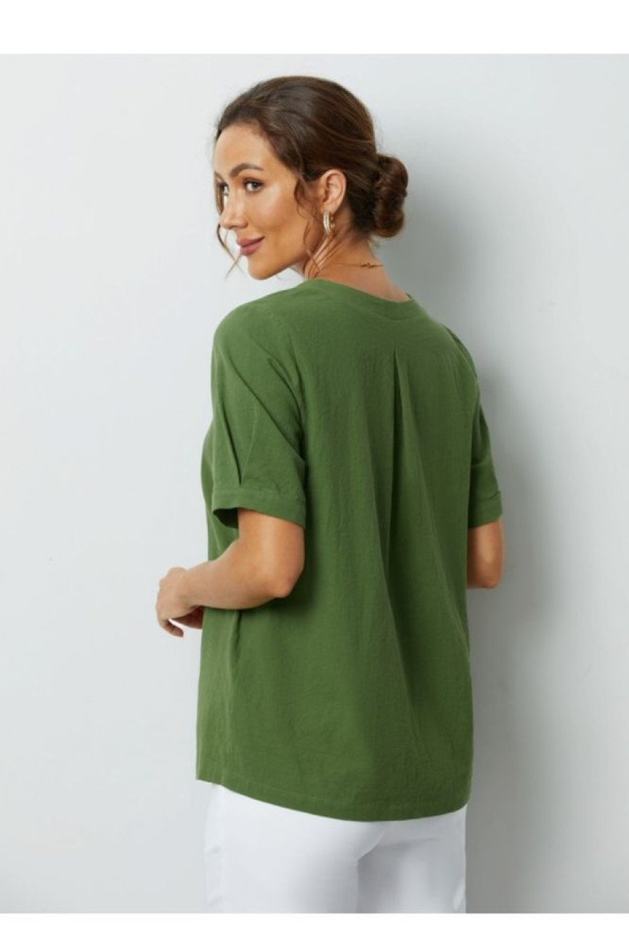 Clothing Azzlee Blouse & Shirts | Solid Buttons Short Sleeve Blouse Green