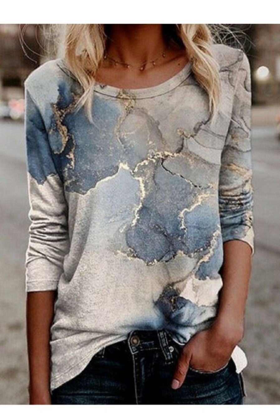 Clothing Azzlee Blouse & Shirts | Casual Round Neck Printed Long Sleeve Blouse Multicolor