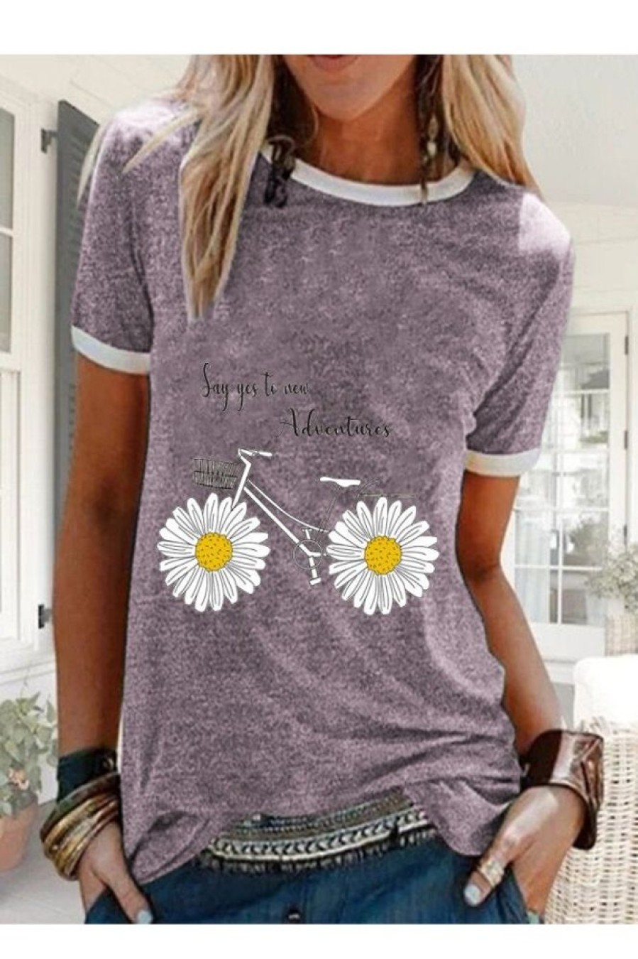 Clothing Azzlee T-Shirts | Floral Printed Round Neck Short Sleeve T-Shirt Purple