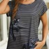 Clothing Azzlee T-Shirts | Stripe Cat Print Casual Crew Neck Short Sleeve T-Shirt Black