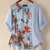 Clothing Azzlee Blouse & Shirts | Flowers Printed Patchwork Button Round Neck Blouse Light Blue