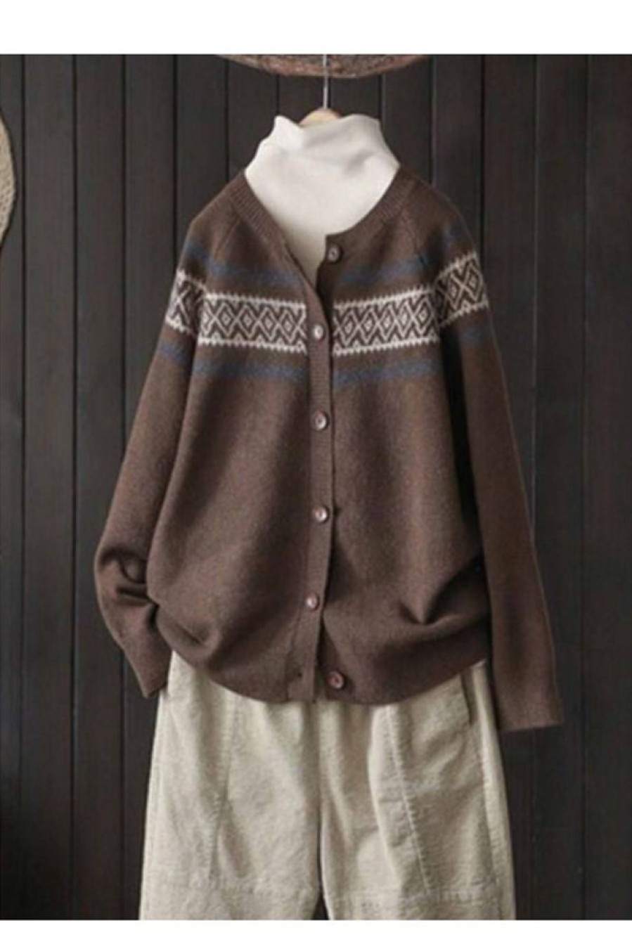 Clothing Azzlee Sweater & Cardigans | Long Sleeve Print Sweater Brown