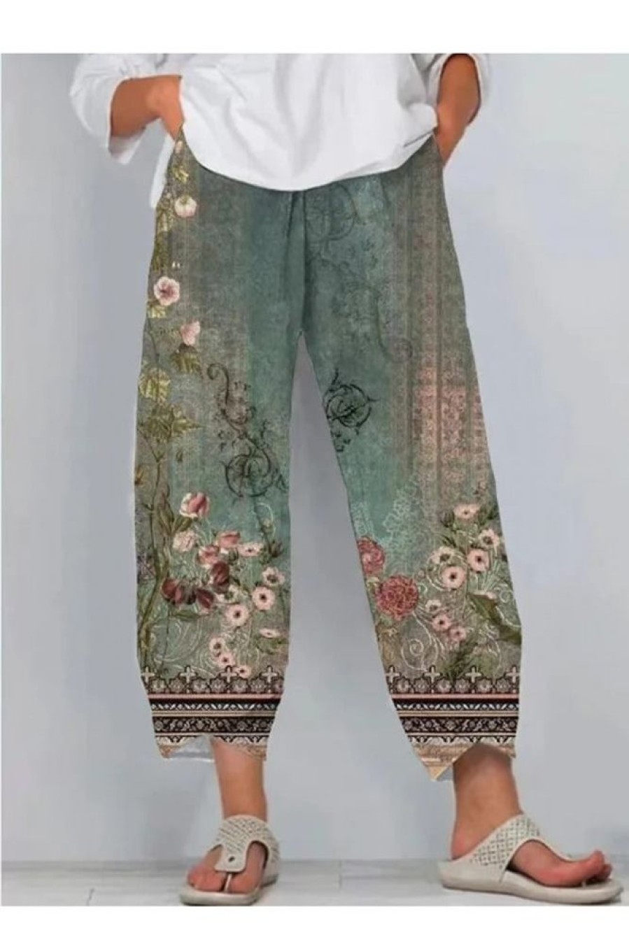 Clothing Azzlee Pants | Casual Floral Printed Daily Pants Green