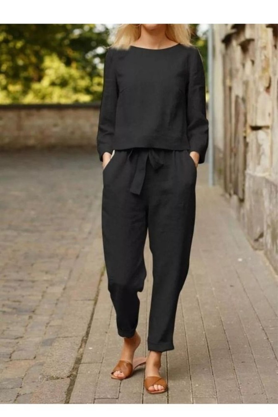 Clothing Azzlee | Casual Solid Top & Trousers Two-Piece Suits Black