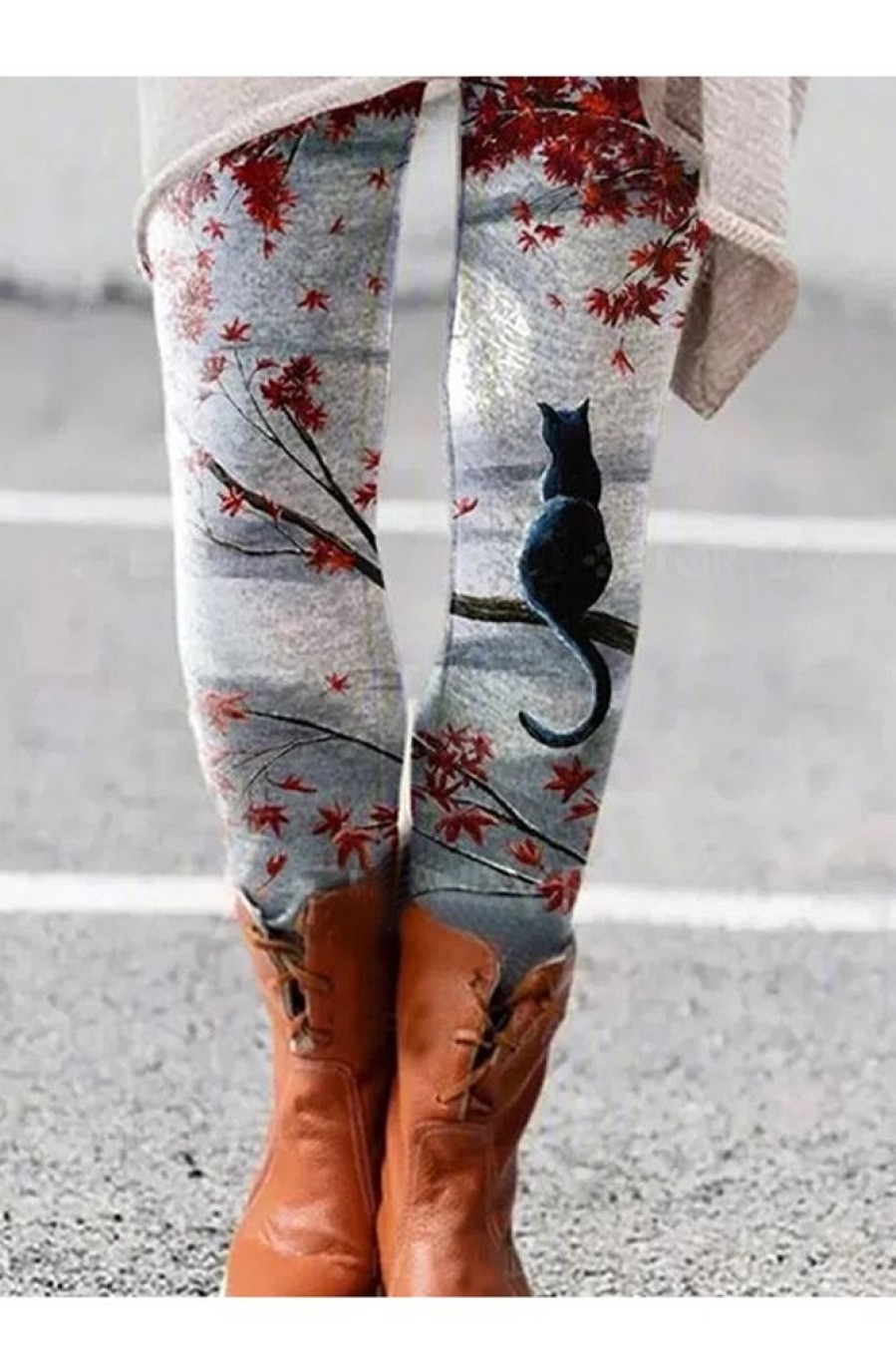 Clothing Azzlee Leggings | Multicolor Casual Black Cat Scenery Printed Leggings As Picture