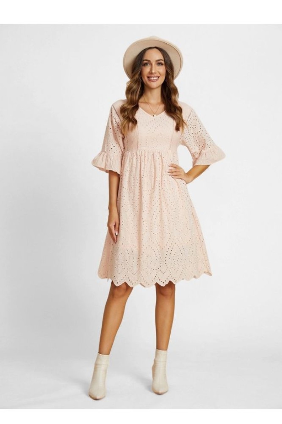 Clothing Azzlee Midi Dresses | Solid Hollow Out V-Neck Half Sleeve Midi Dress Blush