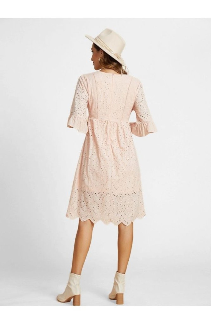 Clothing Azzlee Midi Dresses | Solid Hollow Out V-Neck Half Sleeve Midi Dress Blush