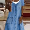 Clothing Azzlee Midi Dresses | Casual Short Sleeve Round Neck Button Denim Midi Dress Blue