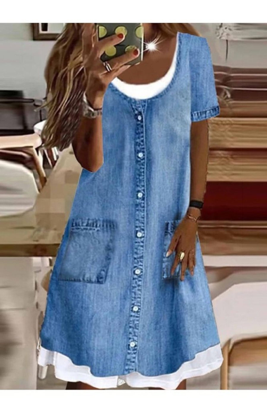 Clothing Azzlee Midi Dresses | Casual Short Sleeve Round Neck Button Denim Midi Dress Blue