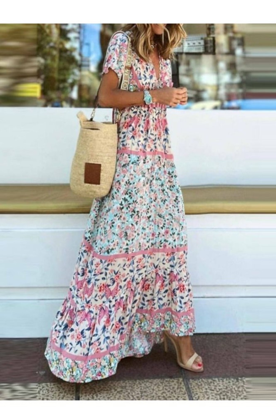 Clothing Azzlee Maxi Dresses | V-Neck Short Sleeve Floral Bohemia Maxi Dress Pink