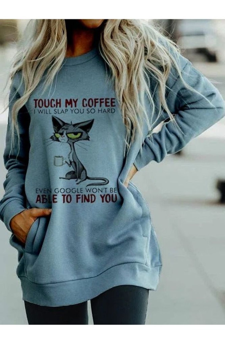 Clothing Azzlee Sweatshirt & Hoodies | Casual Graphic Tops Round Neck Long Sleeve Cat Character Printed With Pockets Sweatshirts Blue