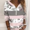 Clothing Azzlee Sweatshirt & Hoodies | Casual Graphic Tops V-Neck Long Sleeve Floral Printed Sweatshirts Pink