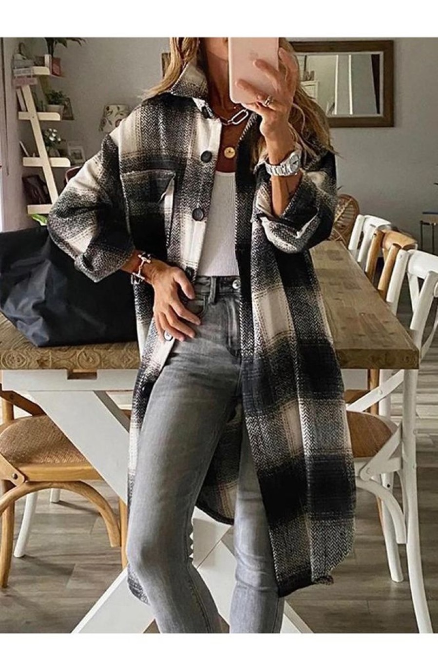 Clothing Azzlee Coats | Casual Lapel Long Sleeve Plaid Printed Coats Black