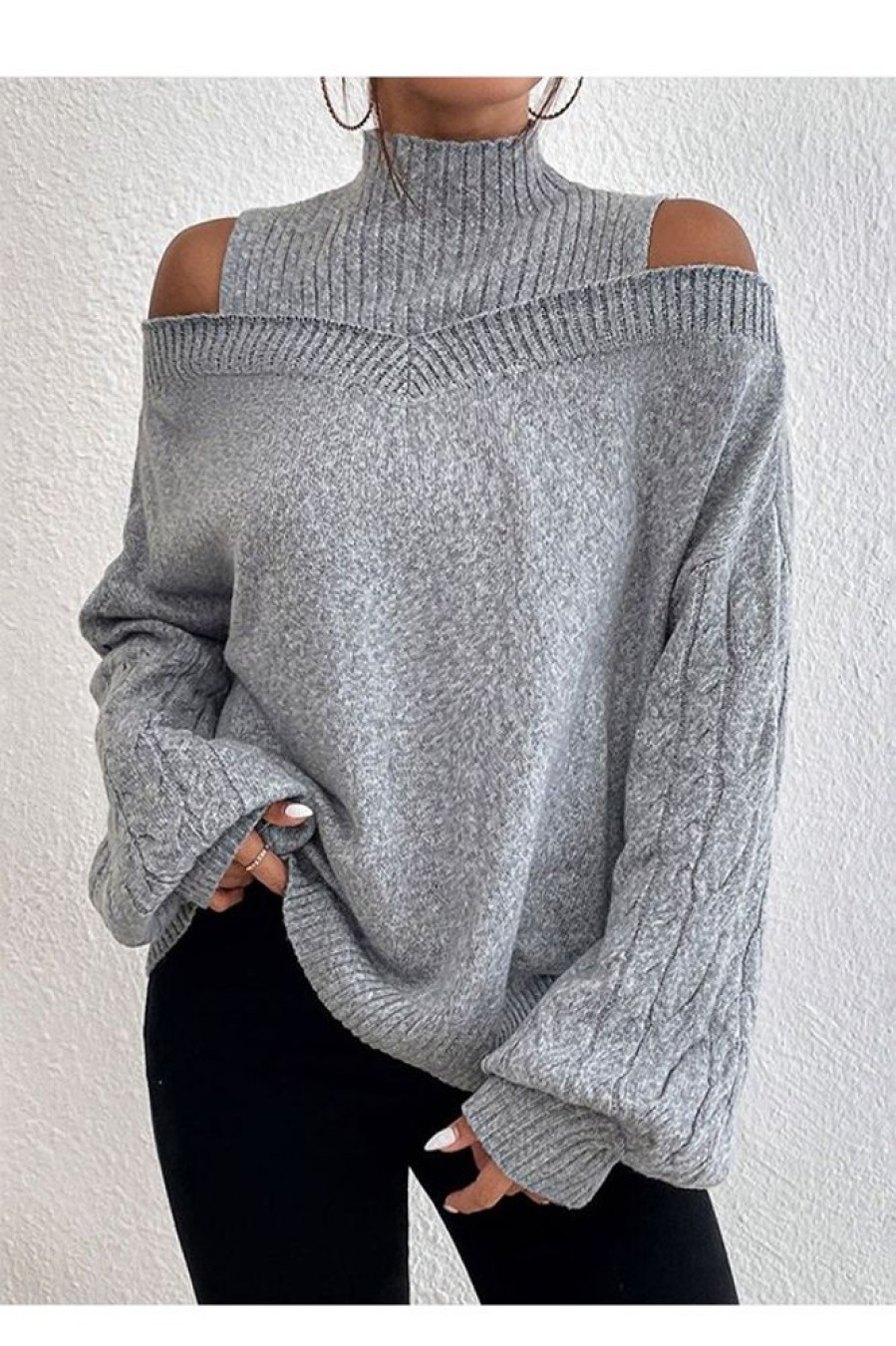 Clothing Azzlee Sweater & Cardigans | Casual Graphic Tops Off-The-Shoulder Long Sleeve Solid Sweaters Grey