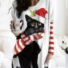 Clothing Azzlee Sweatshirt & Hoodies | Casual Graphic Tops Round Neck Cat Printed Long Sleeve Xmas Sweatshirts White