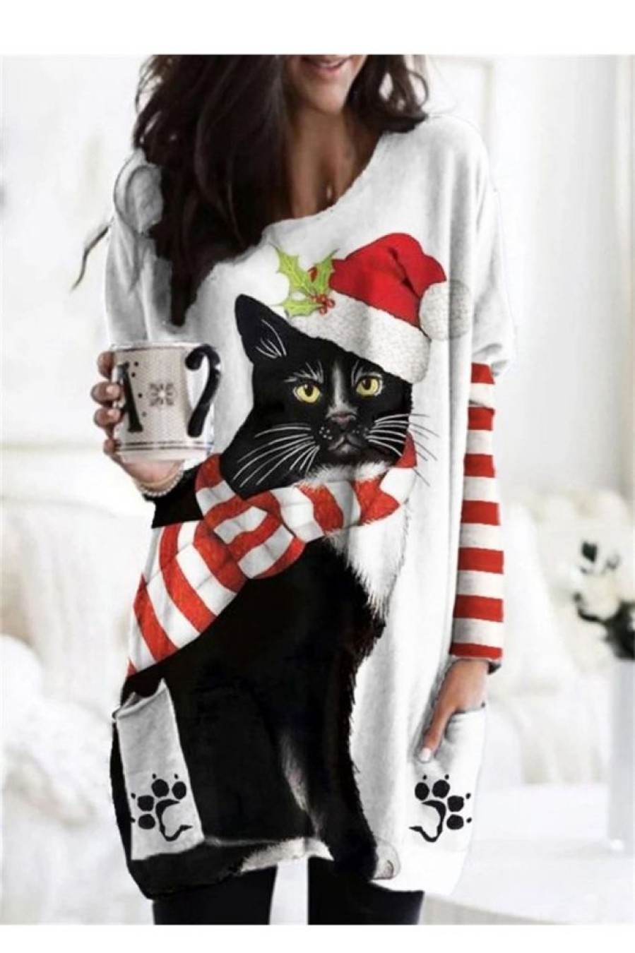 Clothing Azzlee Sweatshirt & Hoodies | Casual Graphic Tops Round Neck Cat Printed Long Sleeve Xmas Sweatshirts White